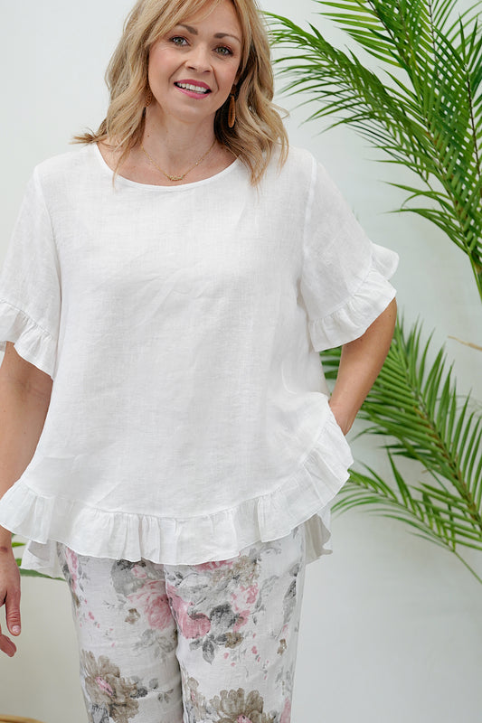 Oversized Frill Linen Top- White