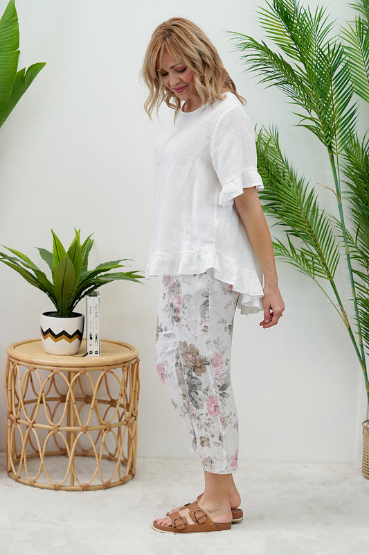 Taylor Floral Linen Pant- White