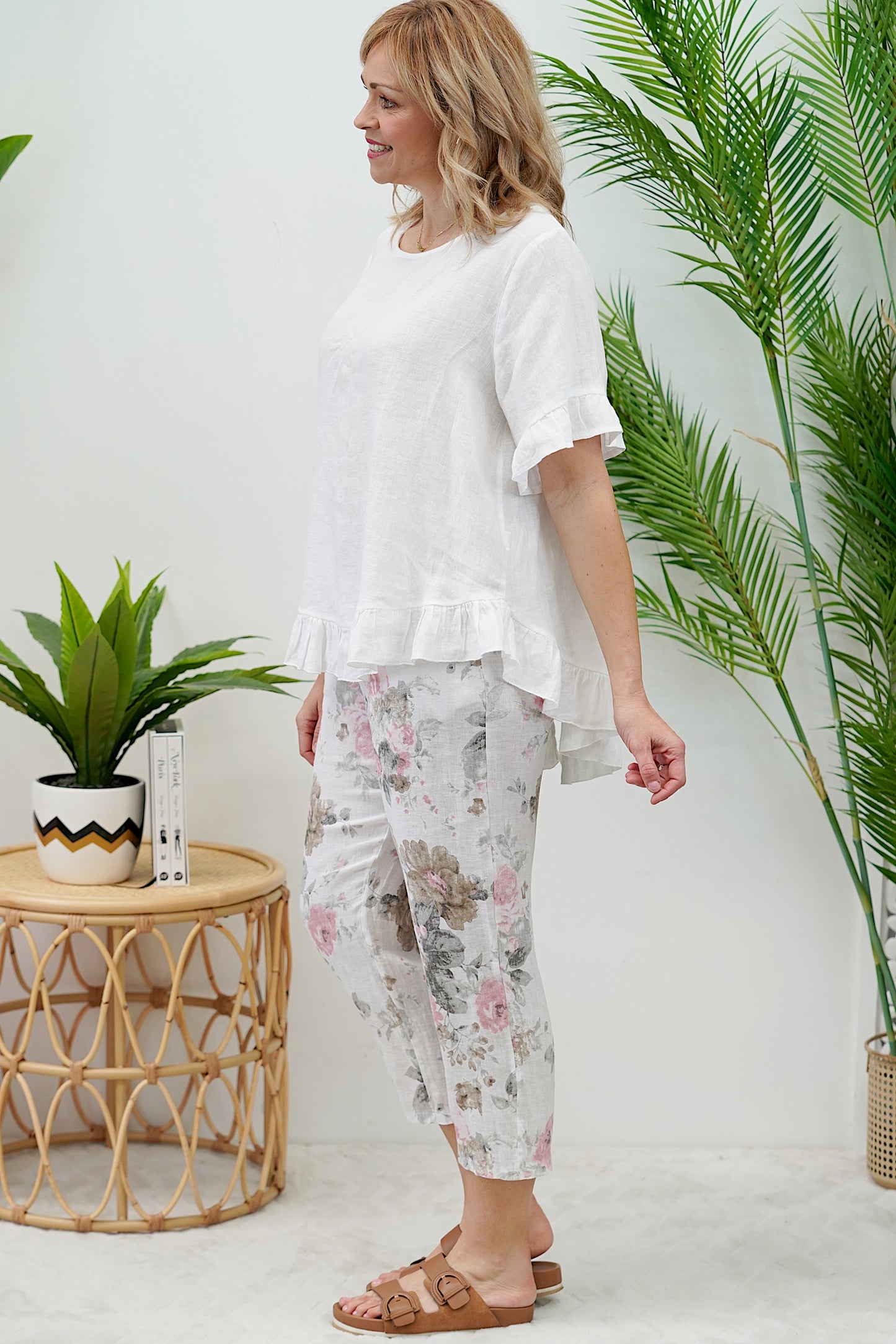 Taylor Floral Linen Pant- White