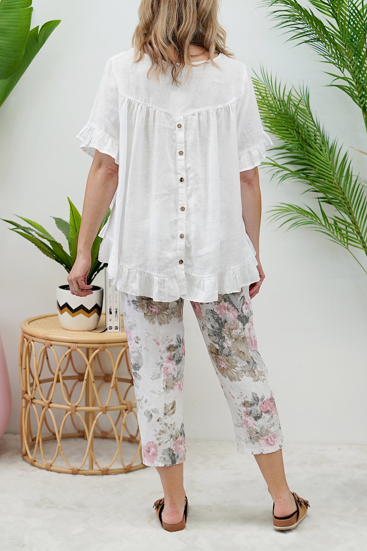 Taylor Floral Linen Pant- White