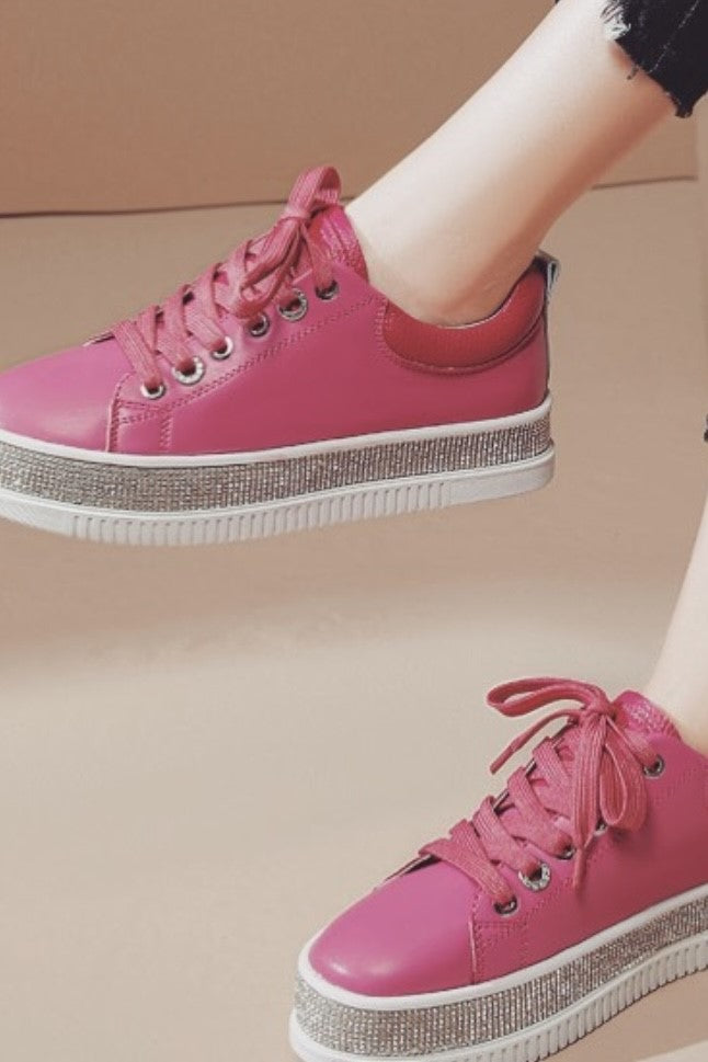 Crystal Bling Leather Sneaker- Hot Pink
