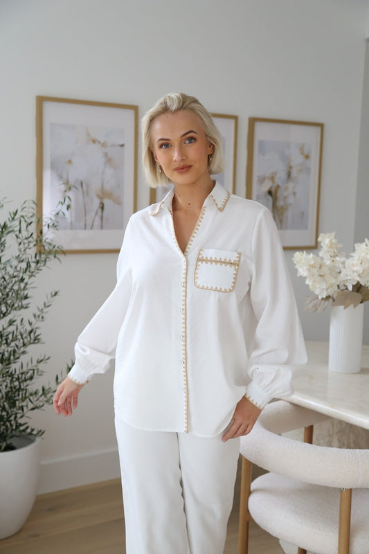 Brown Stitch Shirt - White