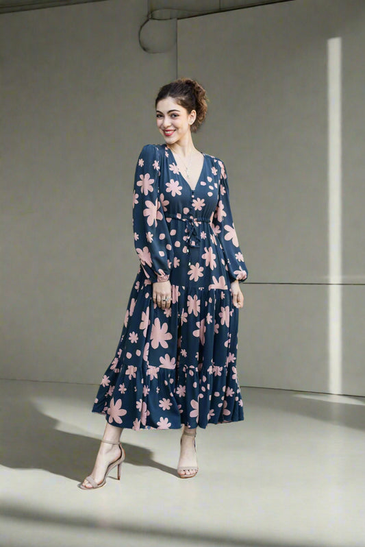 Navy Peachy Flower Dress