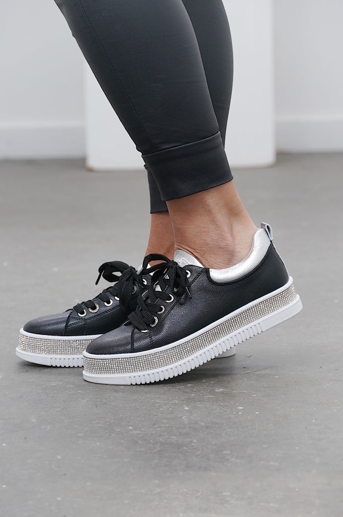 Crystal Bling Leather Sneaker- Black