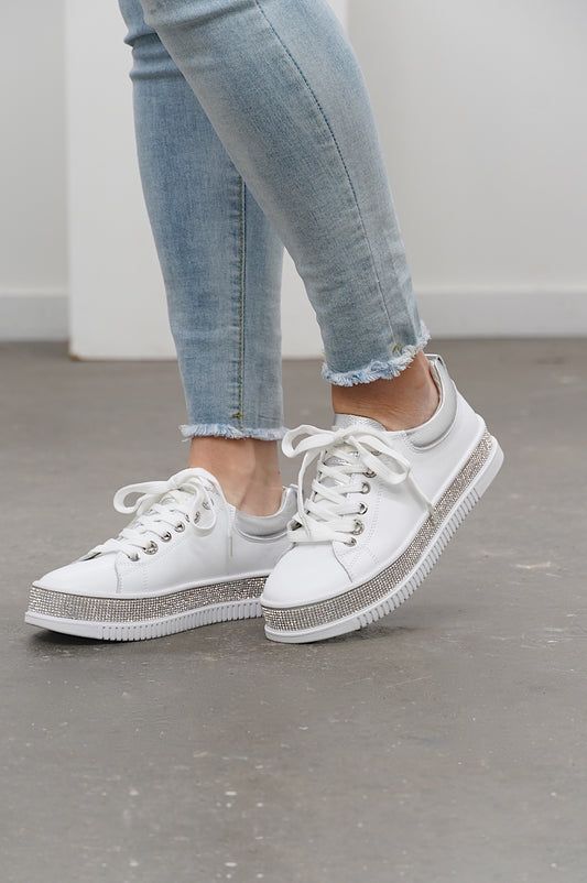 Crystal Bling Leather Sneaker- White