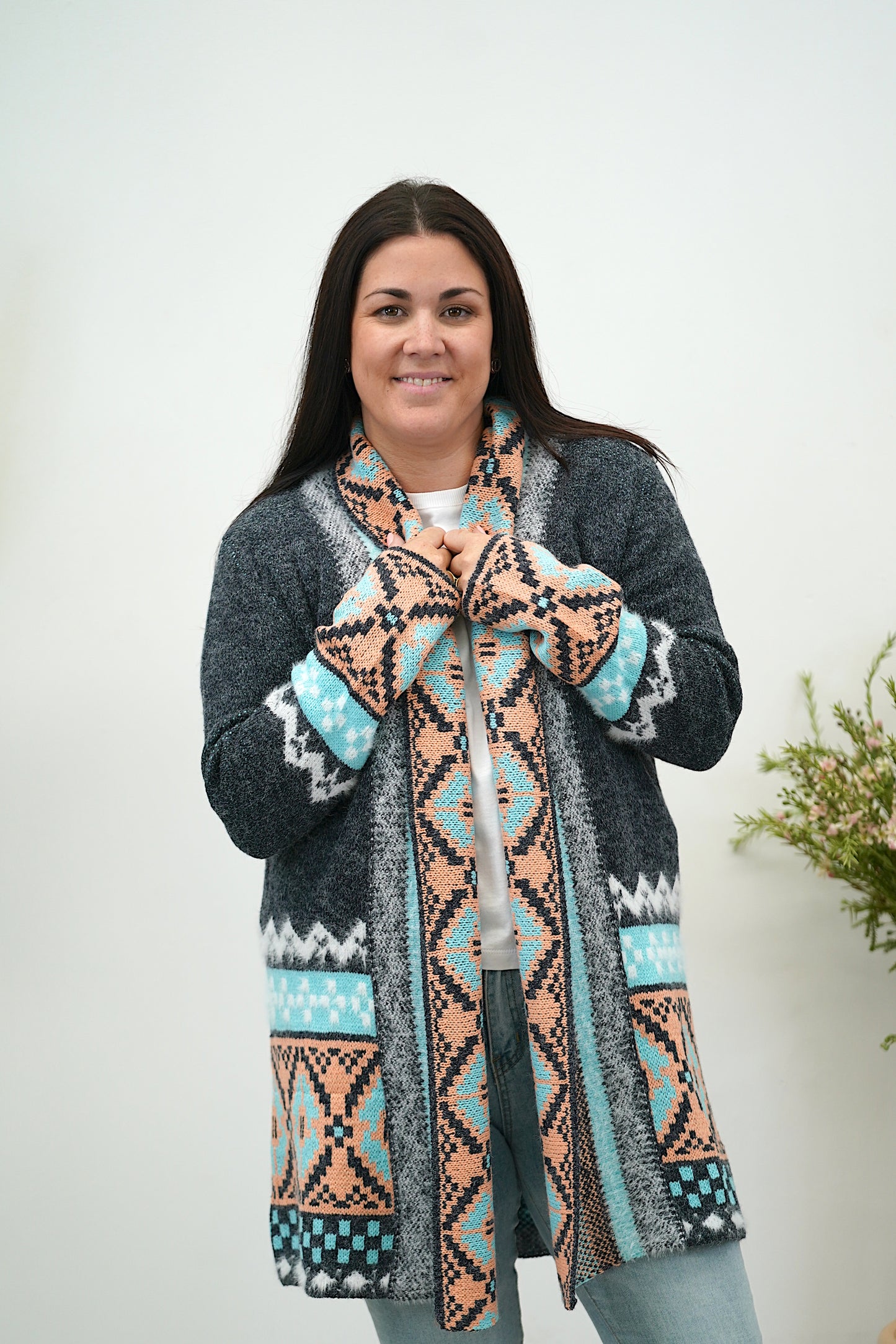 Coral Aztec Cardi - Navy