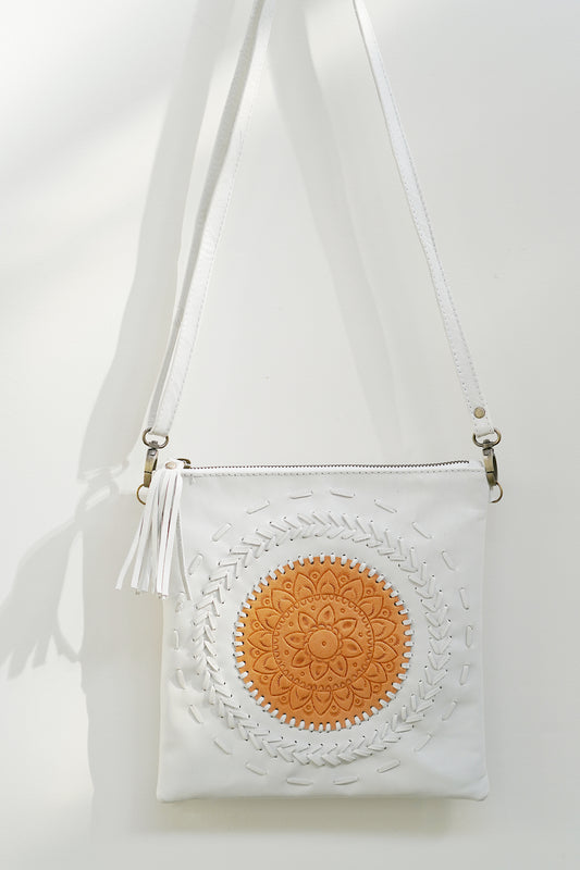 Leather Sling Bag- White/Tan